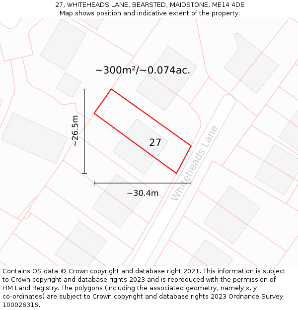 27, WHITEHEADS LANE, BEARSTED, MAIDSTONE, ME14 4DE: Plot and title map