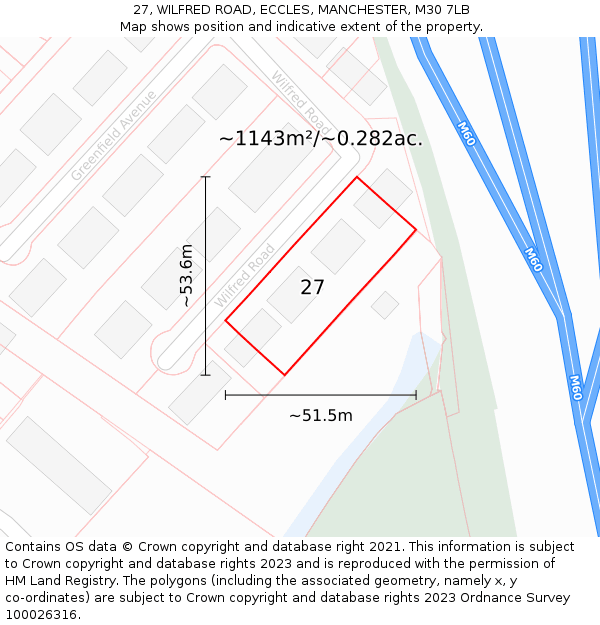 27, WILFRED ROAD, ECCLES, MANCHESTER, M30 7LB: Plot and title map