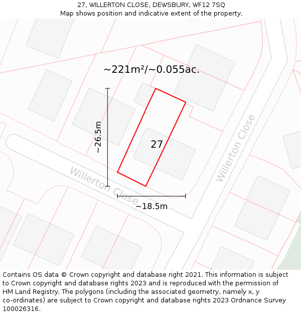 27, WILLERTON CLOSE, DEWSBURY, WF12 7SQ: Plot and title map