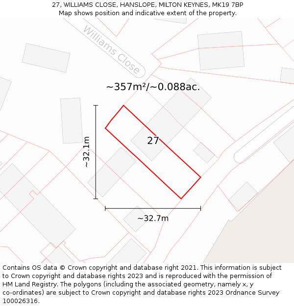 27, WILLIAMS CLOSE, HANSLOPE, MILTON KEYNES, MK19 7BP: Plot and title map