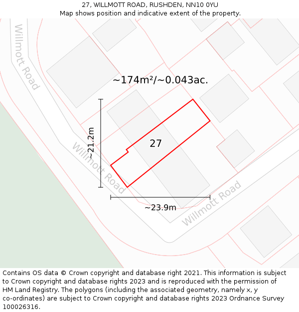 27, WILLMOTT ROAD, RUSHDEN, NN10 0YU: Plot and title map