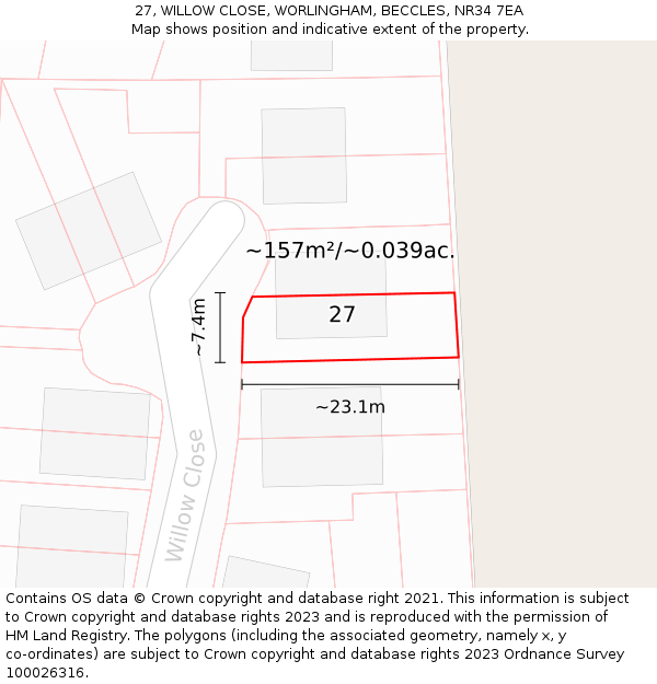 27, WILLOW CLOSE, WORLINGHAM, BECCLES, NR34 7EA: Plot and title map