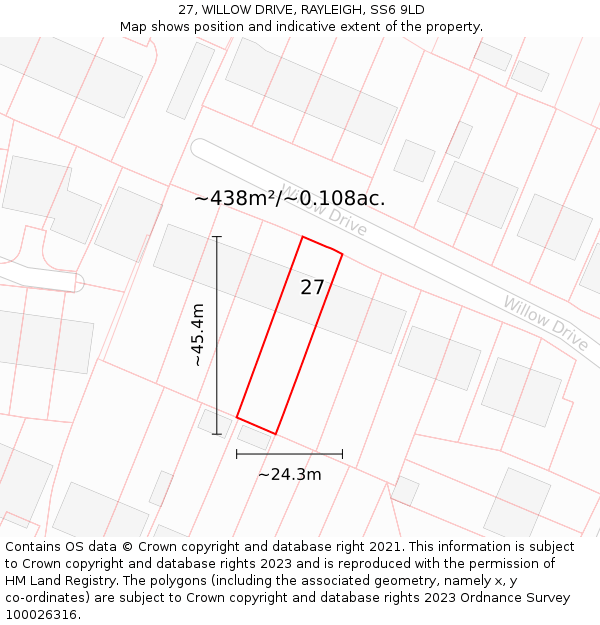 27, WILLOW DRIVE, RAYLEIGH, SS6 9LD: Plot and title map