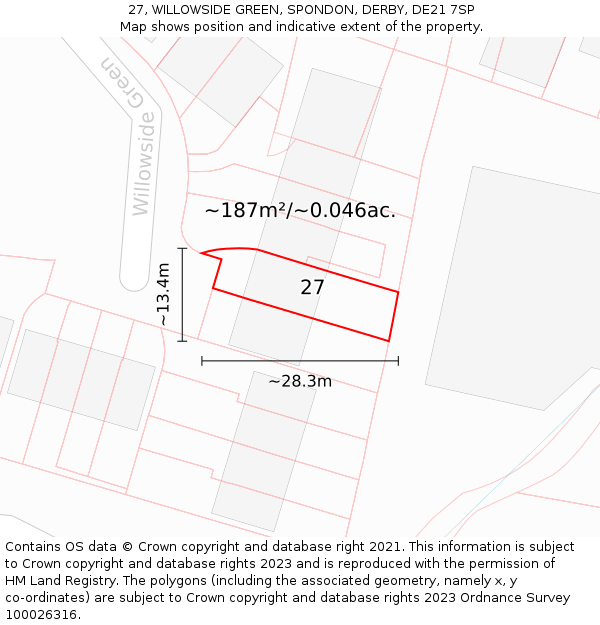 27, WILLOWSIDE GREEN, SPONDON, DERBY, DE21 7SP: Plot and title map