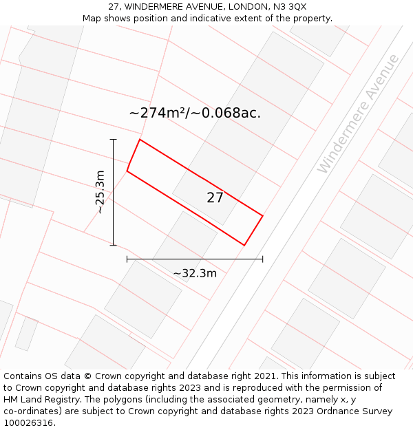 27, WINDERMERE AVENUE, LONDON, N3 3QX: Plot and title map