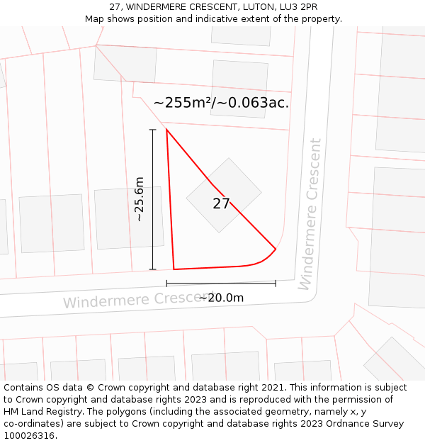 27, WINDERMERE CRESCENT, LUTON, LU3 2PR: Plot and title map