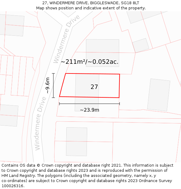 27, WINDERMERE DRIVE, BIGGLESWADE, SG18 8LT: Plot and title map