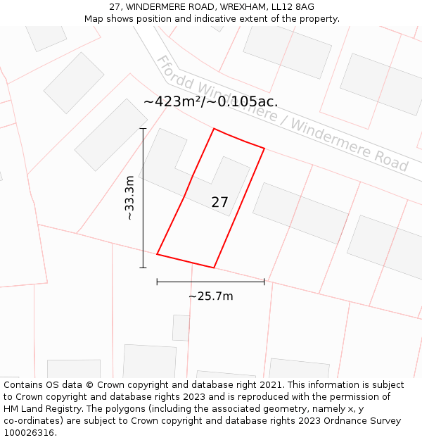 27, WINDERMERE ROAD, WREXHAM, LL12 8AG: Plot and title map