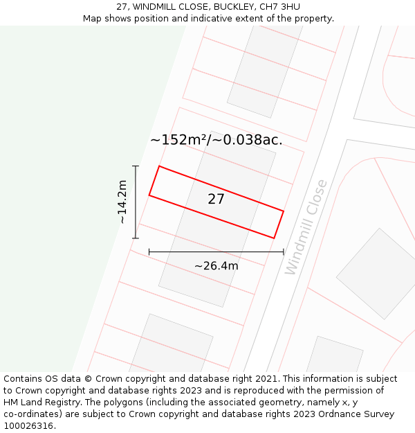27, WINDMILL CLOSE, BUCKLEY, CH7 3HU: Plot and title map