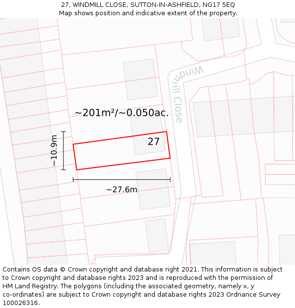 27, WINDMILL CLOSE, SUTTON-IN-ASHFIELD, NG17 5EQ: Plot and title map