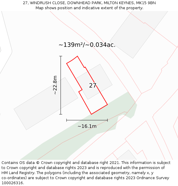 27, WINDRUSH CLOSE, DOWNHEAD PARK, MILTON KEYNES, MK15 9BN: Plot and title map