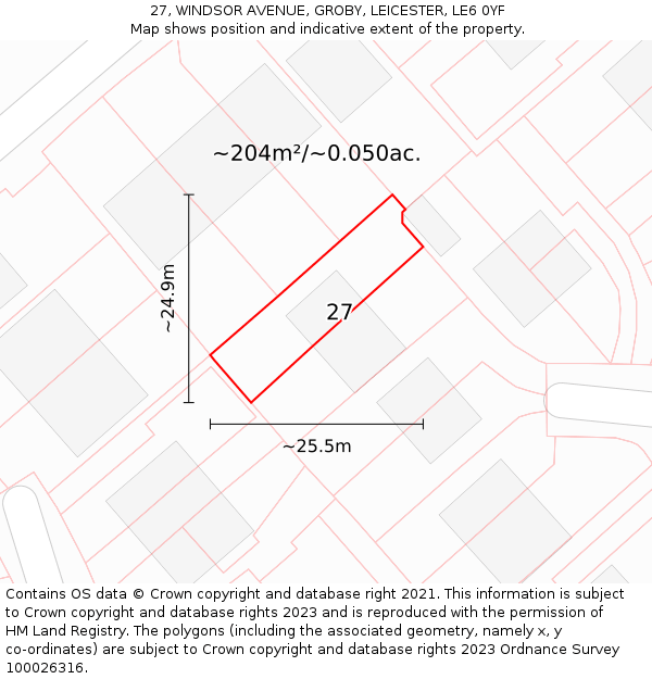 27, WINDSOR AVENUE, GROBY, LEICESTER, LE6 0YF: Plot and title map