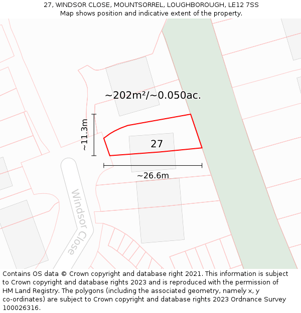 27, WINDSOR CLOSE, MOUNTSORREL, LOUGHBOROUGH, LE12 7SS: Plot and title map