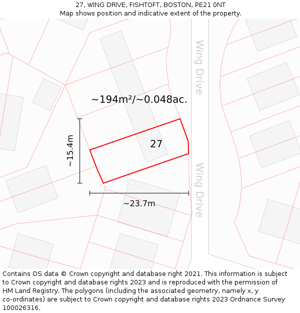 27, WING DRIVE, FISHTOFT, BOSTON, PE21 0NT: Plot and title map
