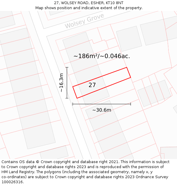 27, WOLSEY ROAD, ESHER, KT10 8NT: Plot and title map
