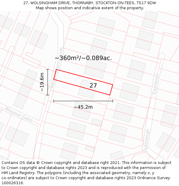 27, WOLSINGHAM DRIVE, THORNABY, STOCKTON-ON-TEES, TS17 9DW: Plot and title map