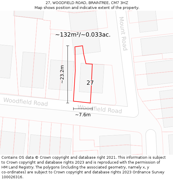 27, WOODFIELD ROAD, BRAINTREE, CM7 3HZ: Plot and title map