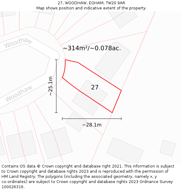 27, WOODHAW, EGHAM, TW20 9AR: Plot and title map