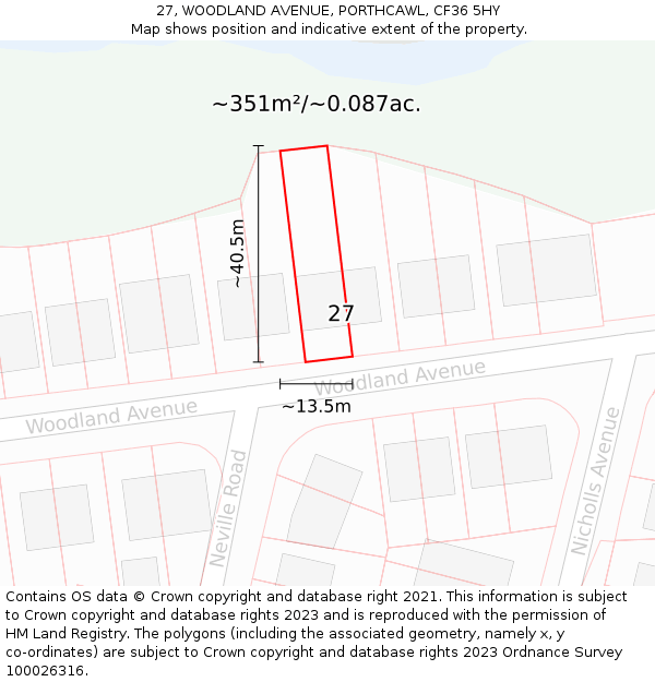 27, WOODLAND AVENUE, PORTHCAWL, CF36 5HY: Plot and title map