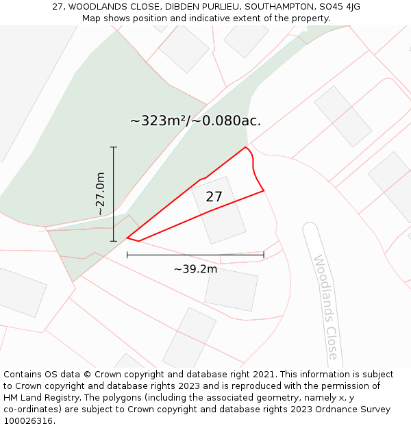 27, WOODLANDS CLOSE, DIBDEN PURLIEU, SOUTHAMPTON, SO45 4JG: Plot and title map