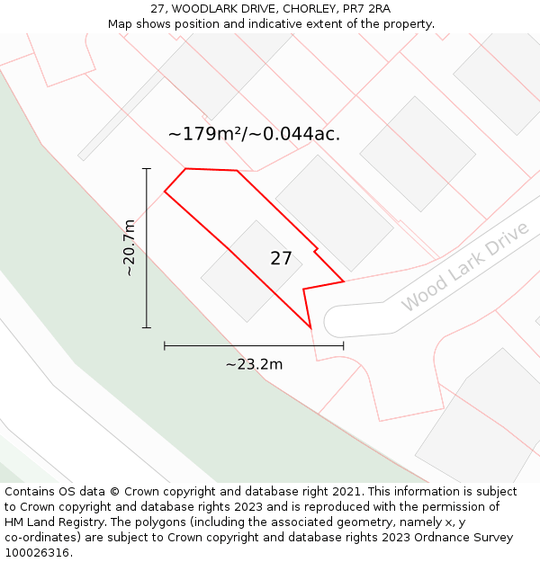 27, WOODLARK DRIVE, CHORLEY, PR7 2RA: Plot and title map