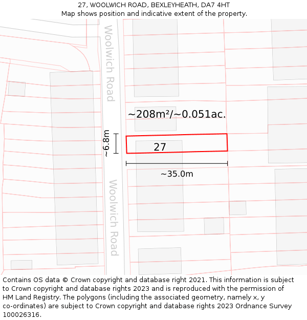 27, WOOLWICH ROAD, BEXLEYHEATH, DA7 4HT: Plot and title map