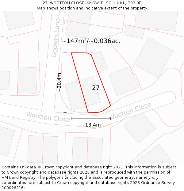 27, WOOTTON CLOSE, KNOWLE, SOLIHULL, B93 0EJ: Plot and title map