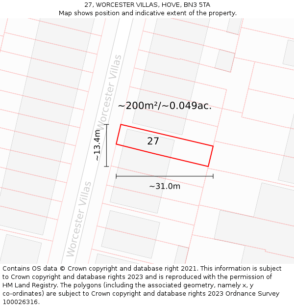 27, WORCESTER VILLAS, HOVE, BN3 5TA: Plot and title map