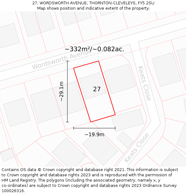 27, WORDSWORTH AVENUE, THORNTON-CLEVELEYS, FY5 2SU: Plot and title map