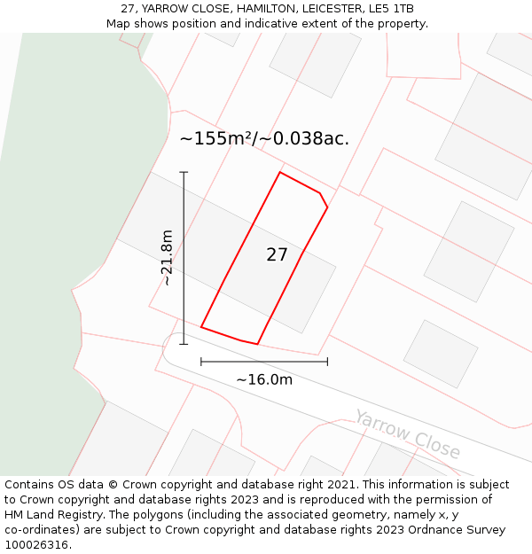 27, YARROW CLOSE, HAMILTON, LEICESTER, LE5 1TB: Plot and title map