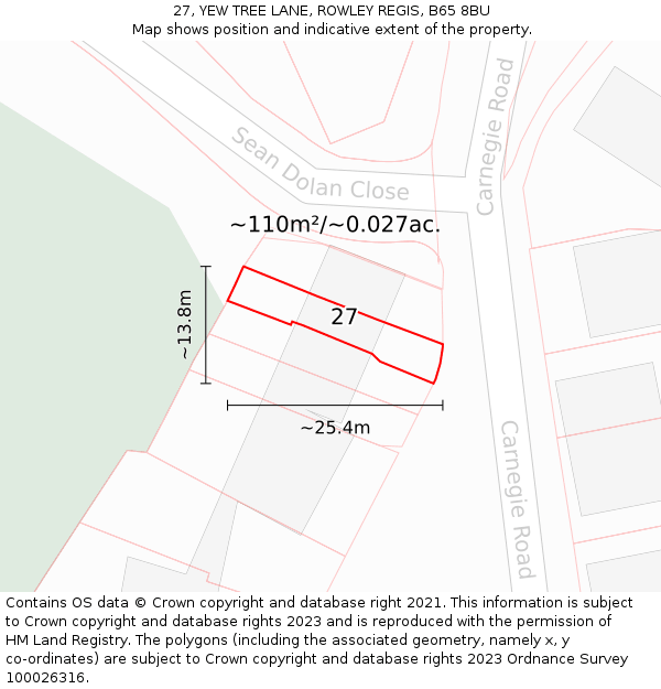 27, YEW TREE LANE, ROWLEY REGIS, B65 8BU: Plot and title map
