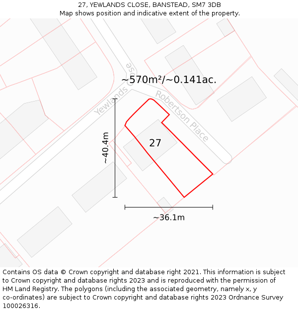 27, YEWLANDS CLOSE, BANSTEAD, SM7 3DB: Plot and title map