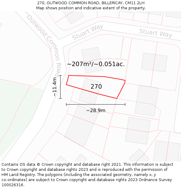 270, OUTWOOD COMMON ROAD, BILLERICAY, CM11 2LH: Plot and title map
