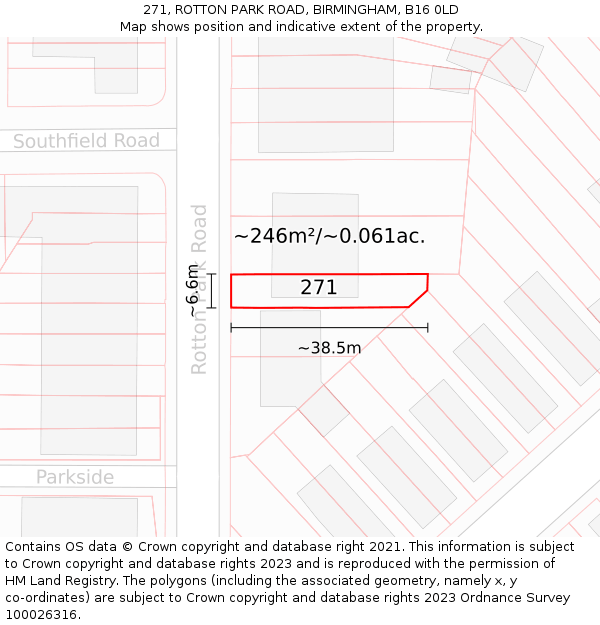 271, ROTTON PARK ROAD, BIRMINGHAM, B16 0LD: Plot and title map