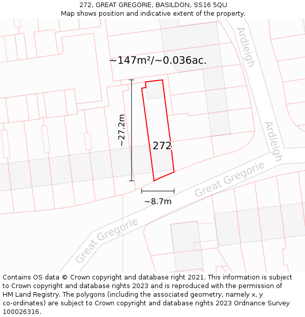 272, GREAT GREGORIE, BASILDON, SS16 5QU: Plot and title map