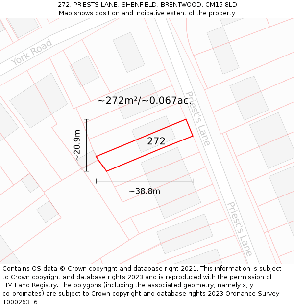 272, PRIESTS LANE, SHENFIELD, BRENTWOOD, CM15 8LD: Plot and title map