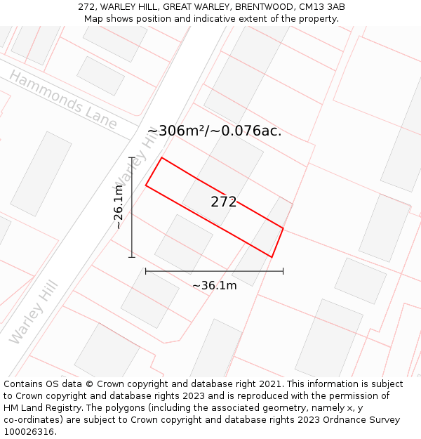 272, WARLEY HILL, GREAT WARLEY, BRENTWOOD, CM13 3AB: Plot and title map