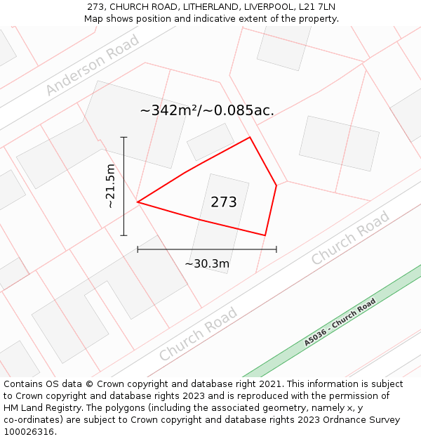 273, CHURCH ROAD, LITHERLAND, LIVERPOOL, L21 7LN: Plot and title map