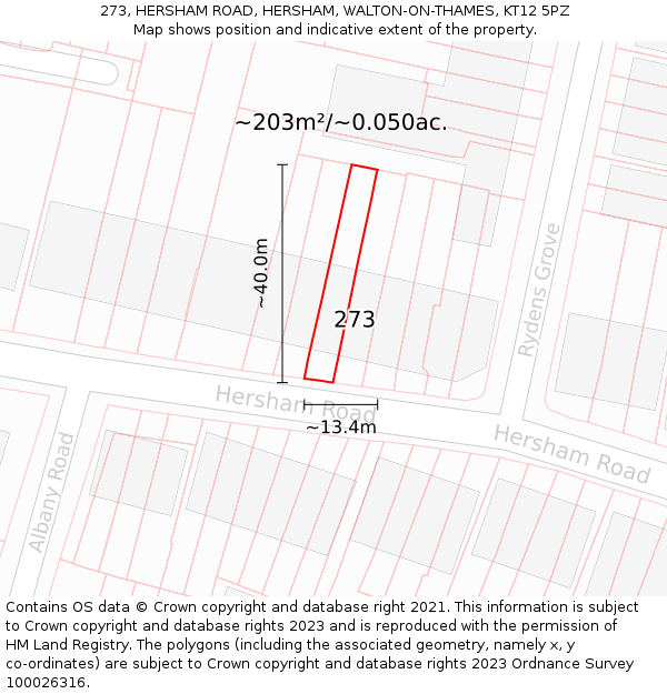 273, HERSHAM ROAD, HERSHAM, WALTON-ON-THAMES, KT12 5PZ: Plot and title map