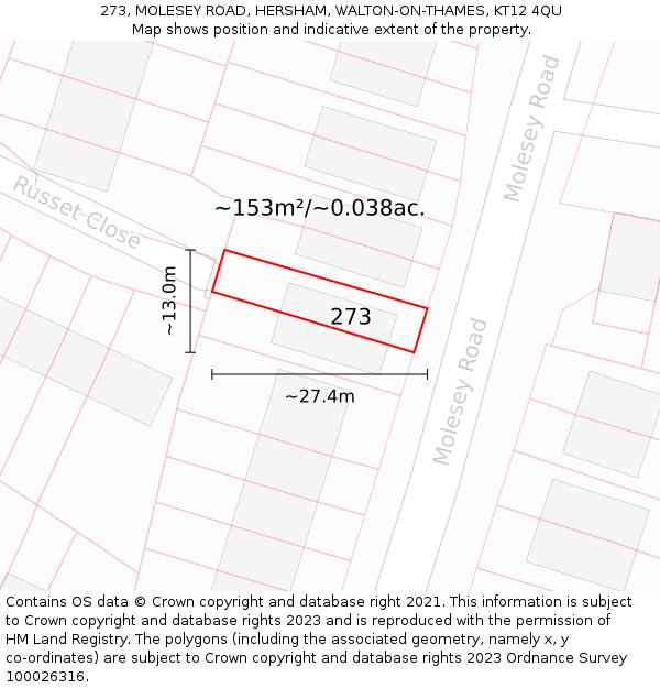 273, MOLESEY ROAD, HERSHAM, WALTON-ON-THAMES, KT12 4QU: Plot and title map