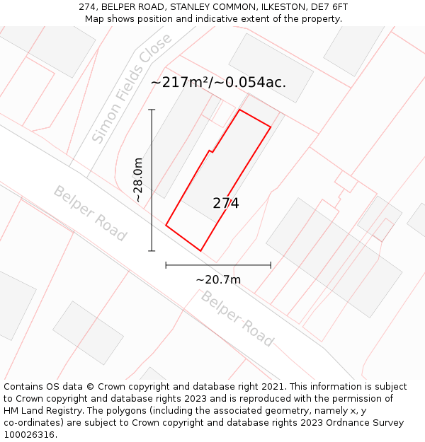274, BELPER ROAD, STANLEY COMMON, ILKESTON, DE7 6FT: Plot and title map