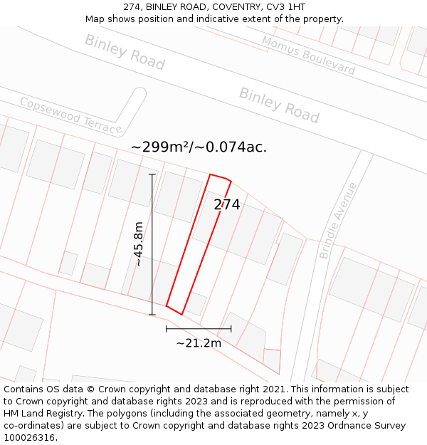 274, BINLEY ROAD, COVENTRY, CV3 1HT: Plot and title map