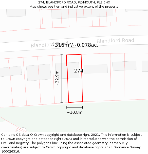 274, BLANDFORD ROAD, PLYMOUTH, PL3 6HX: Plot and title map