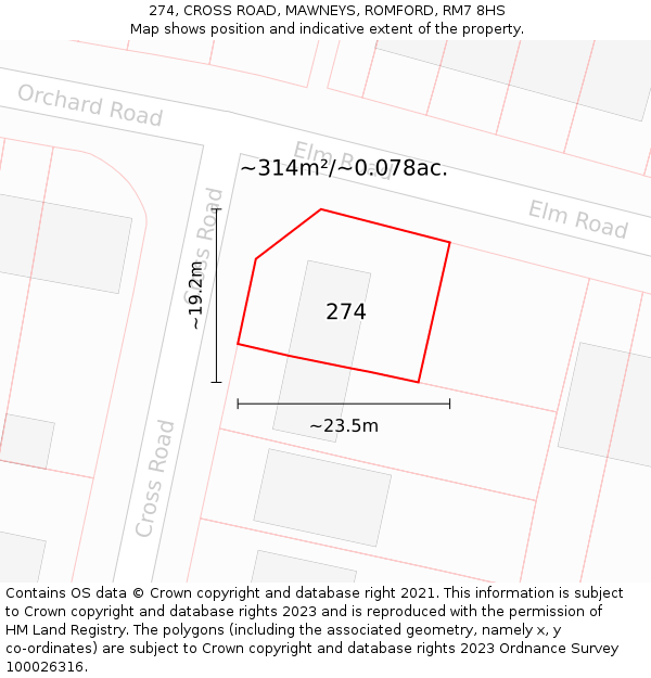 274, CROSS ROAD, MAWNEYS, ROMFORD, RM7 8HS: Plot and title map