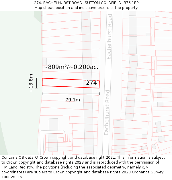 274, EACHELHURST ROAD, SUTTON COLDFIELD, B76 1EP: Plot and title map