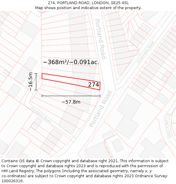 274, PORTLAND ROAD, LONDON, SE25 4SL: Plot and title map