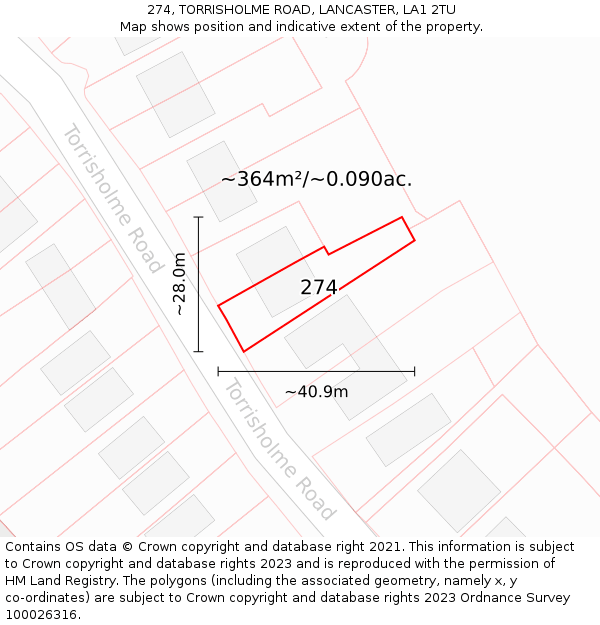 274, TORRISHOLME ROAD, LANCASTER, LA1 2TU: Plot and title map
