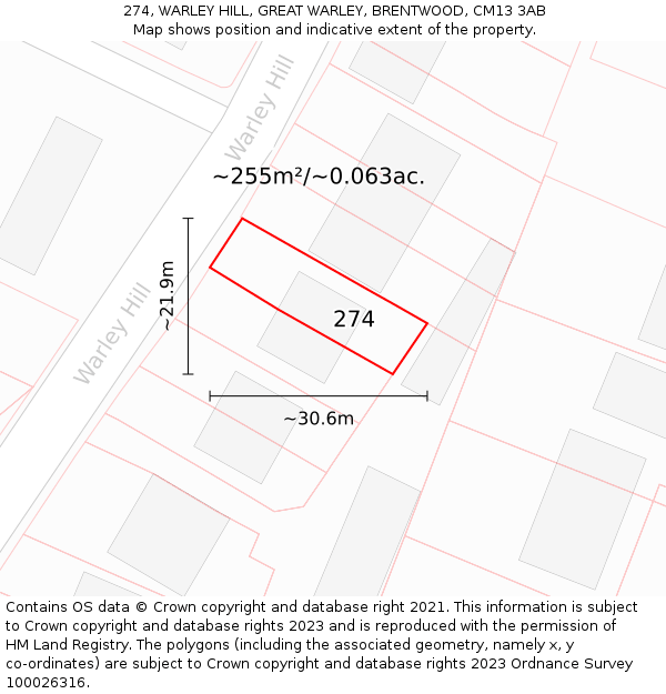 274, WARLEY HILL, GREAT WARLEY, BRENTWOOD, CM13 3AB: Plot and title map