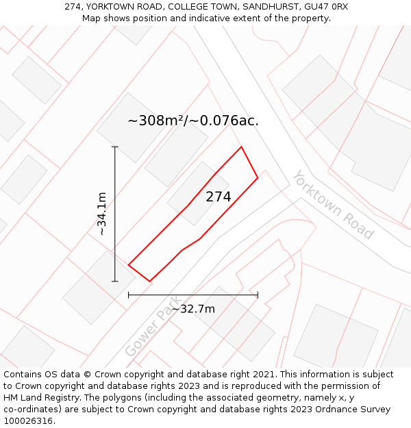 274, YORKTOWN ROAD, COLLEGE TOWN, SANDHURST, GU47 0RX: Plot and title map