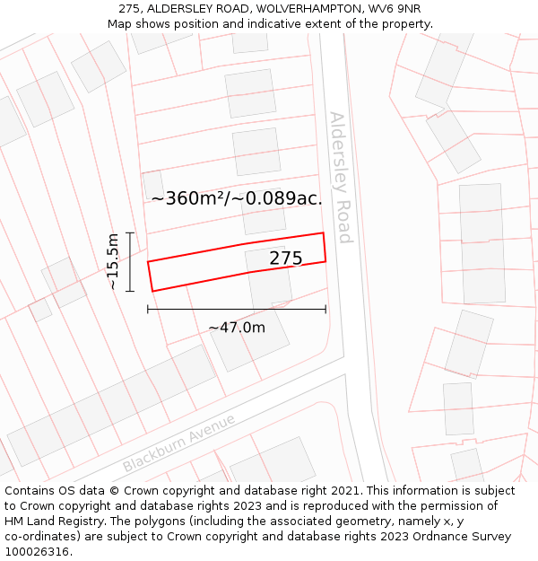 275, ALDERSLEY ROAD, WOLVERHAMPTON, WV6 9NR: Plot and title map
